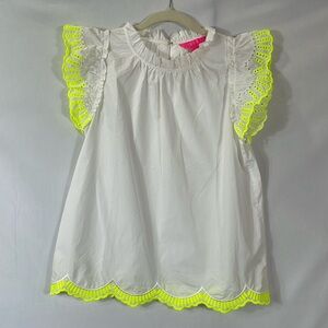 Lilly Pulitzer Top S White With Bright Yellow Embroidery Ruffle Neckline EUC